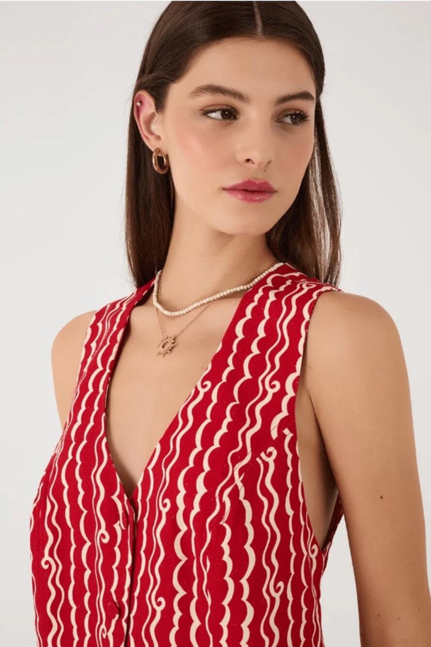 NWT Dress To Tuckernuck Linen Crop Button Vest Top Small Red Resort Wave Print